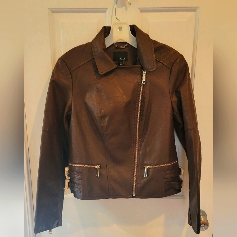 a.n.a. Brown Faux Leather Moto Jacket Petite Medium NWT